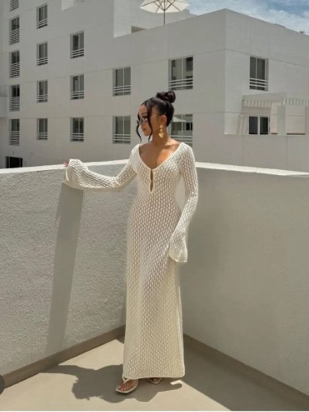 MESHKI Hayden Ivory Crochet Plunge Maxi Dress
